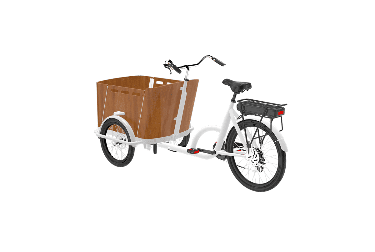 Adult electric tricycle with large brown cargo box, ideal for cargo transport. Suitable for seniors and disability mobility.