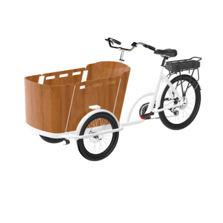 Electric cargo tricycle with large wooden box, perfect for seniors and disability mobility in Australia.
