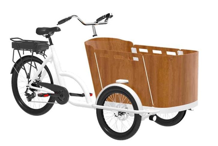 A white electric tricycle with a large wooden cargo box and black wheels, ideal for senior mobility and cargo transport.