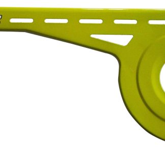 A lime green tricycle derailleur hanger with white markings.