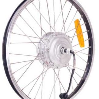 A silver electric tricycle wheel with a motor and orange reflector for safety. Suitable for adult tricycles and electric tricycles.