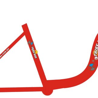 A red tricycle frame with white lettering and colorful bolts.