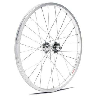 A silver tricycle wheel with spokes for adult trikes