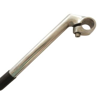 Close-up of a silver tricycle handlebar stem with a black grip. Essential part for adult tricycles.