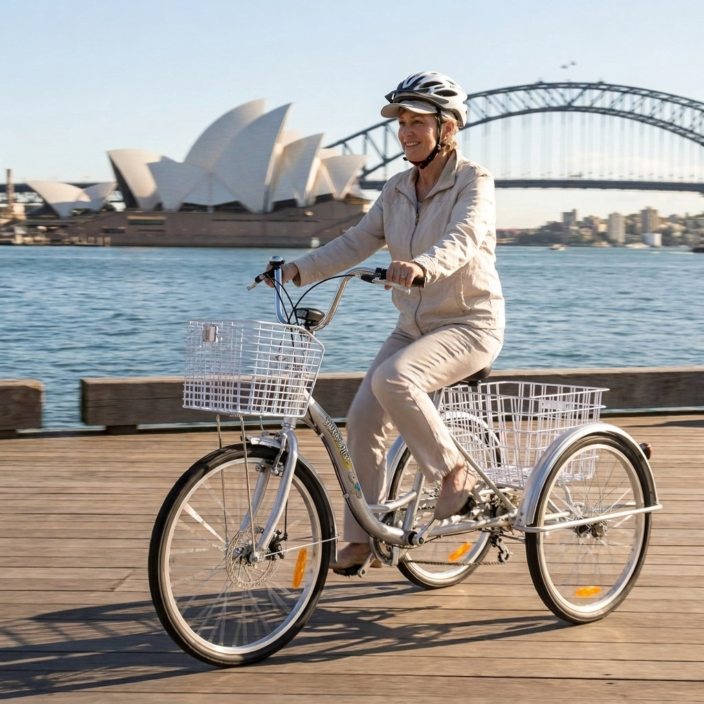 A woman riding a silver adult tricycle with a white helmet on a wooden boardwalk. The Sydney Opera House and Harbour Bridge are in the background.