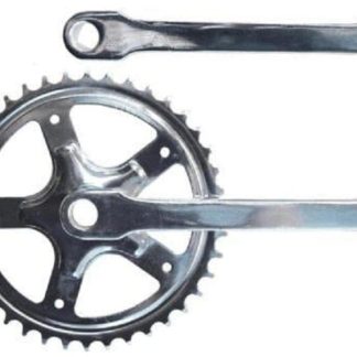 A close-up of a silver adult tricycle crankset and chainring, ideal for upgrading or replacing parts on electric tricycles or cargo bikes for seniors and mobility aid users in Australia.