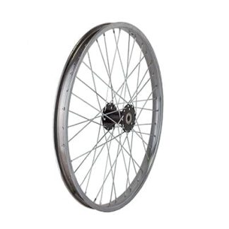 A silver tricycle wheel with spokes and a gear