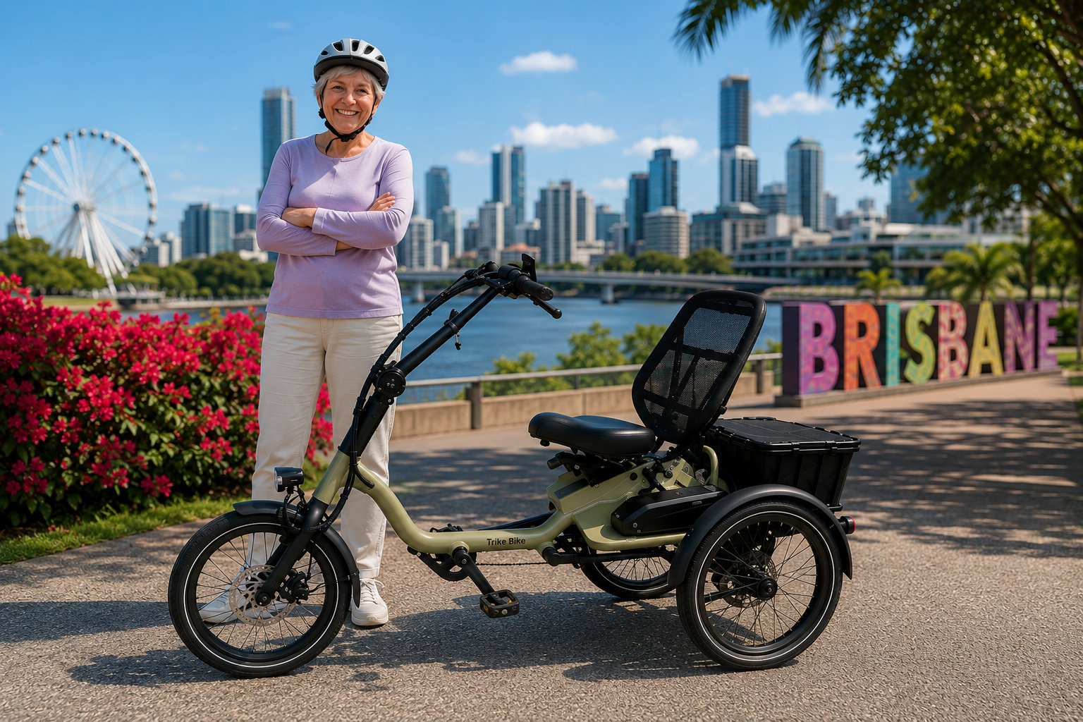 A senior woman stands next to a green adult tricycle by the Brisbane River with the city skyline in the background.