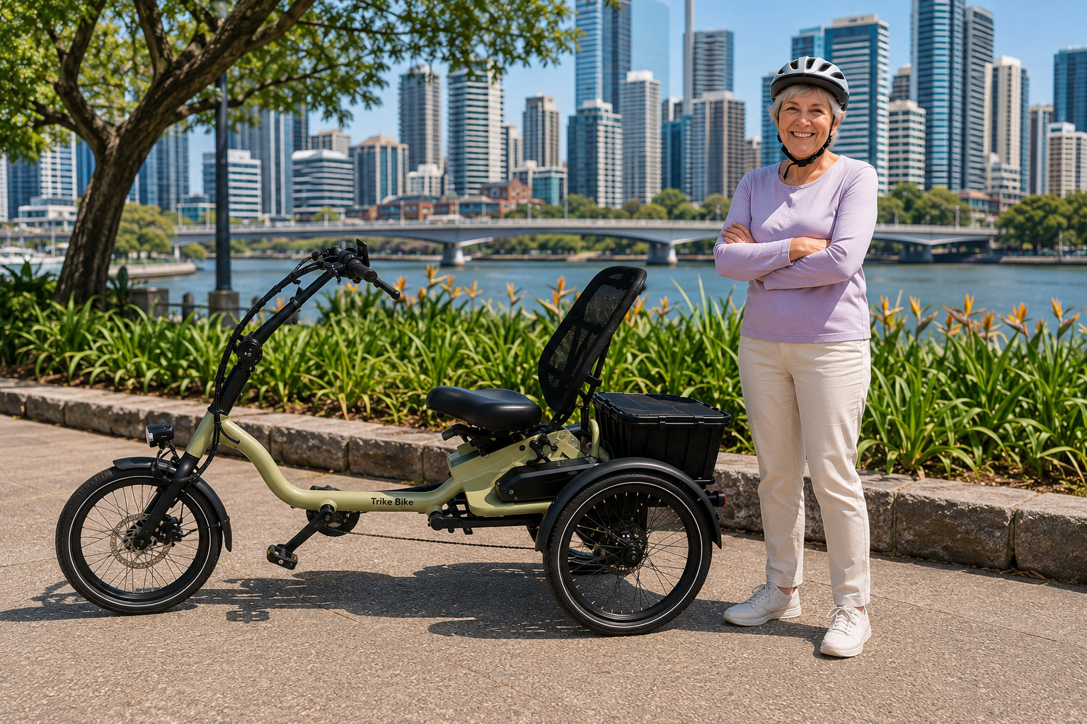 A smiling senior woman stands confidently beside her green electric trike on a riverside path in Brisbane. The city skyline and clear blue sky provide a vibrant backdrop for this active lifestyle moment.