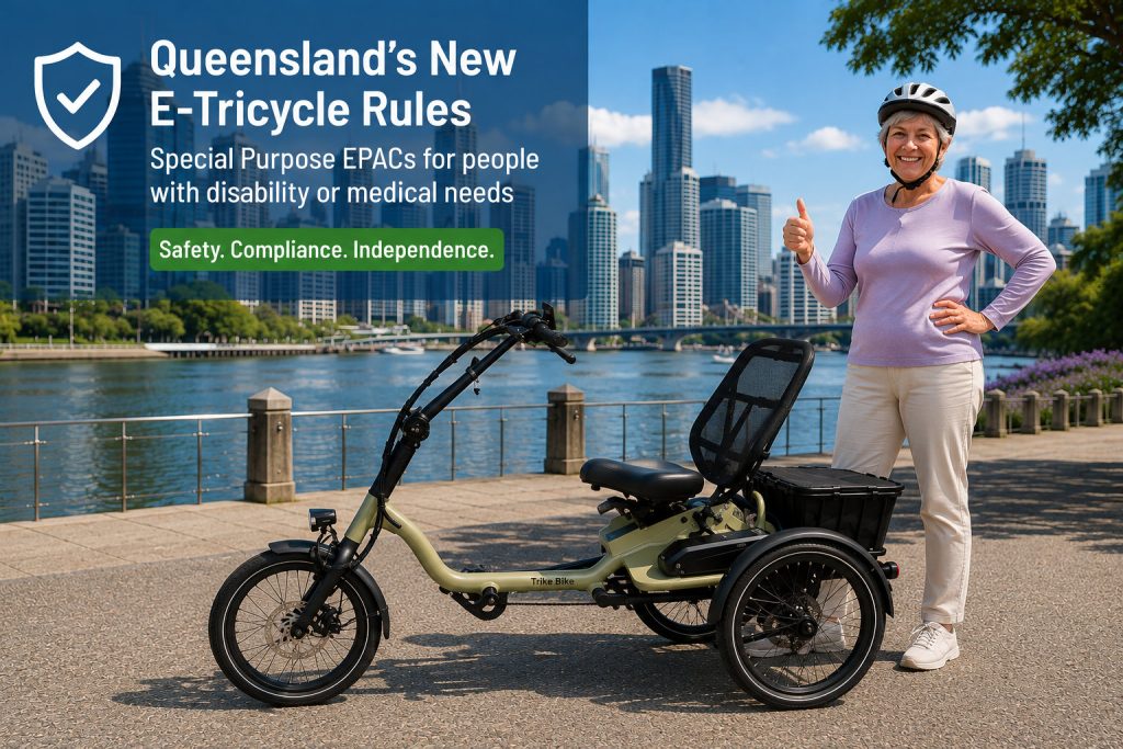 E-tricycle riders promote safe mobility in Brisbane cityscape.