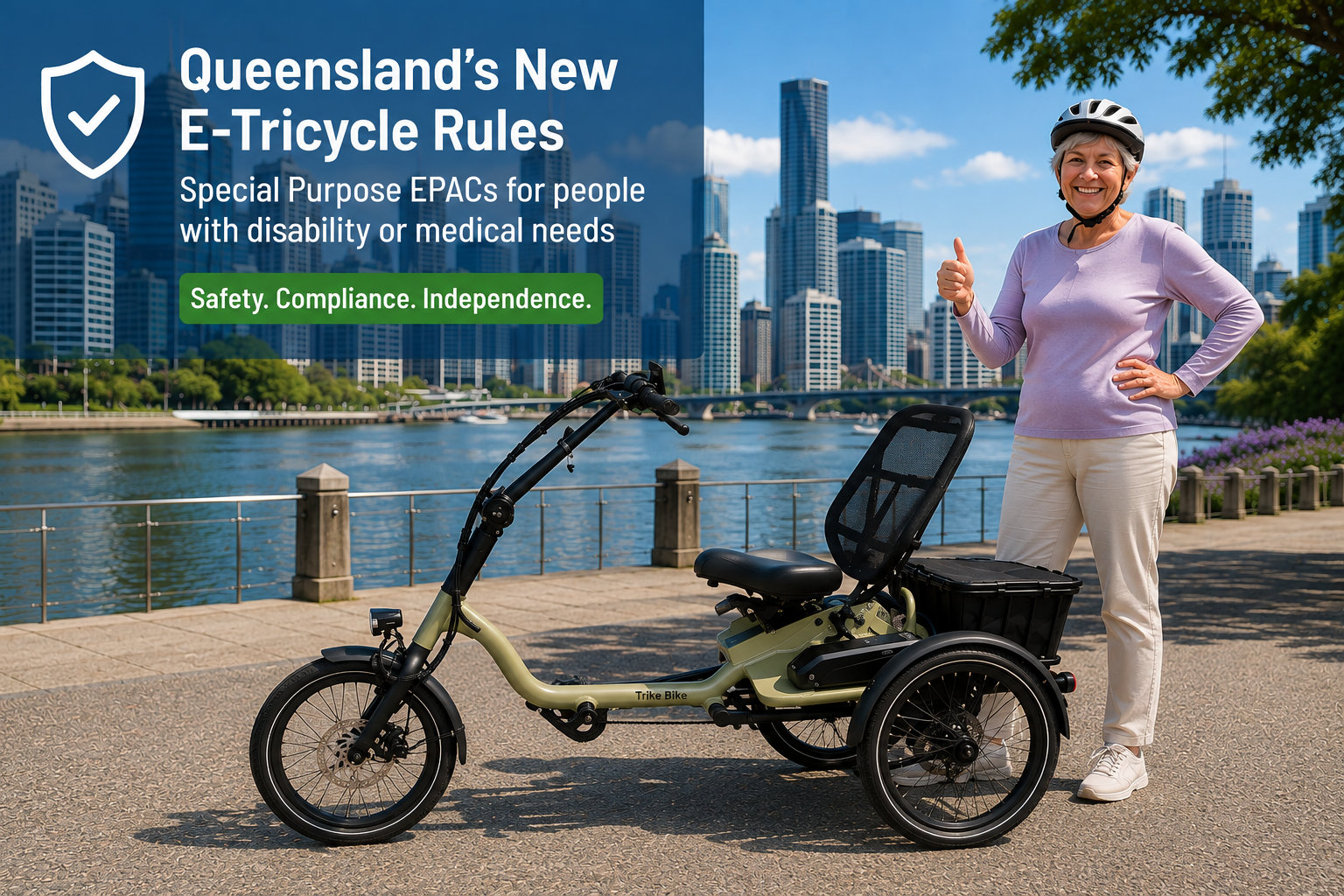 E-tricycle riders promote safe mobility in Brisbane cityscape.
