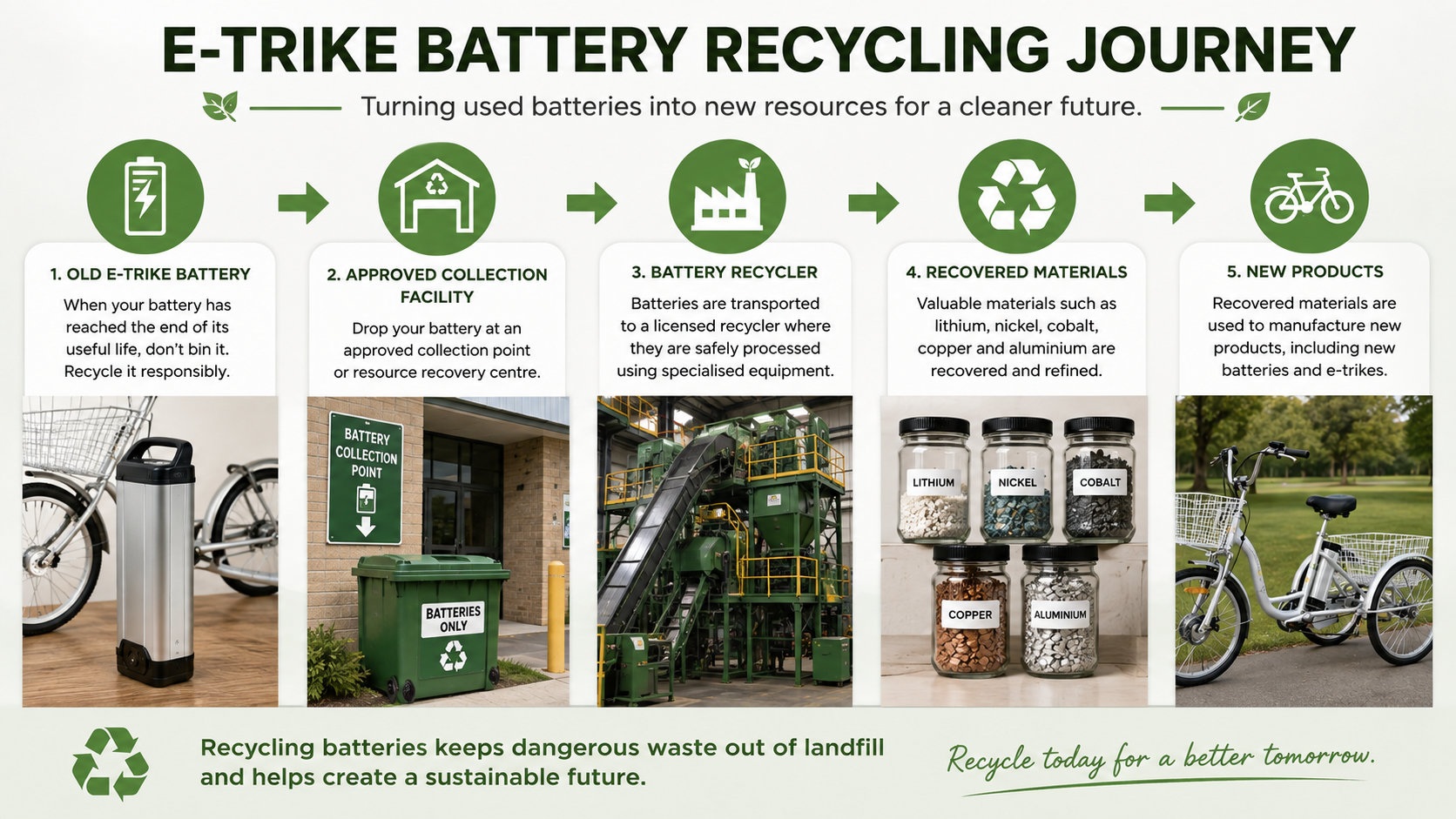 Infographic showing the e-trike battery recycling journey from drop-off to new product use. Features a silver e-trike and Australian collection points.
