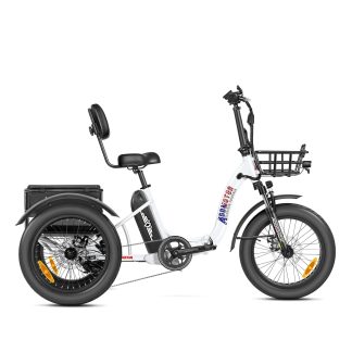Electric tricycle with white frame, black seat and basket, ideal for seniors and disability mobility. Large wheels for stable ride.