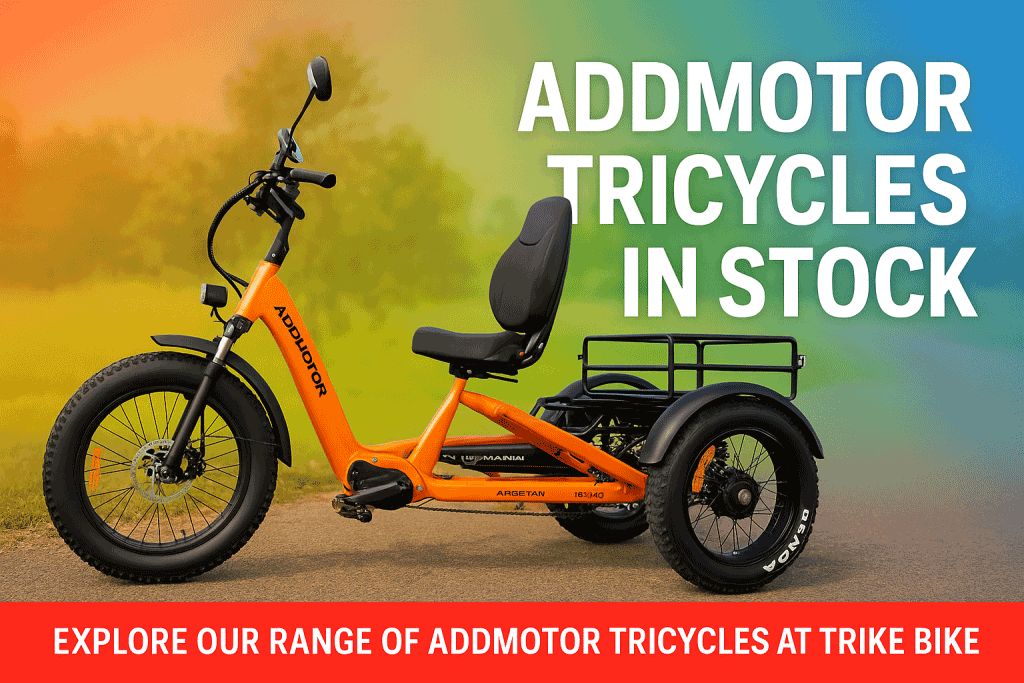 Electric tricycle for adults, orange color, available now