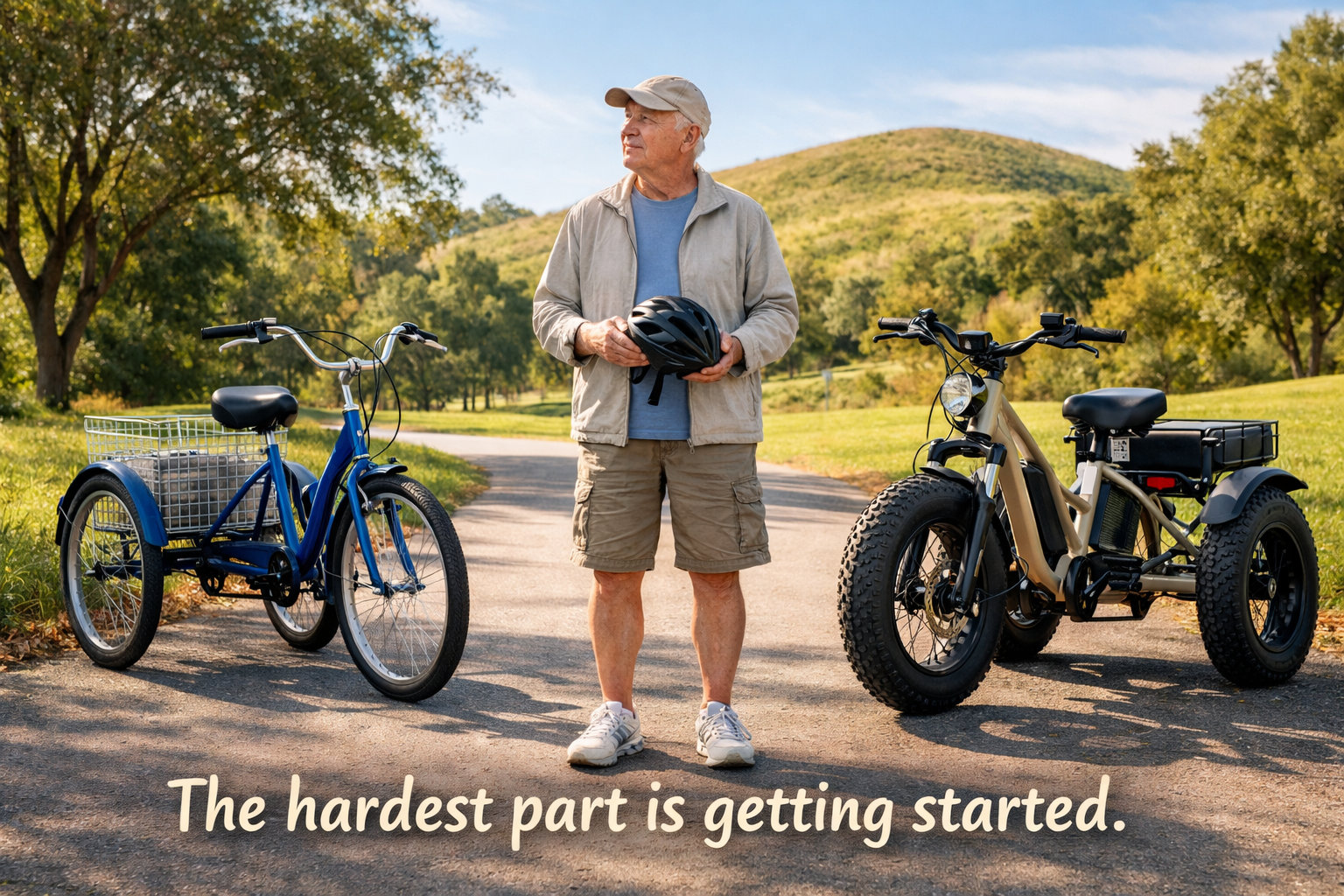 Man standing with electric tricycles for sale, suitable for seniors and adults in Australia. Comfortable and easy to ride.