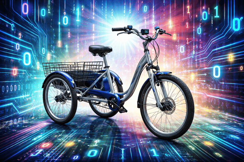 A silver electric tricycle with a black basket and seat, perfect for seniors and disability mobility. The tricycle features a modern design.