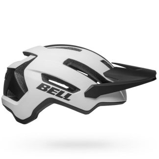 A white and black bicycle helmet with the brand name Bell.