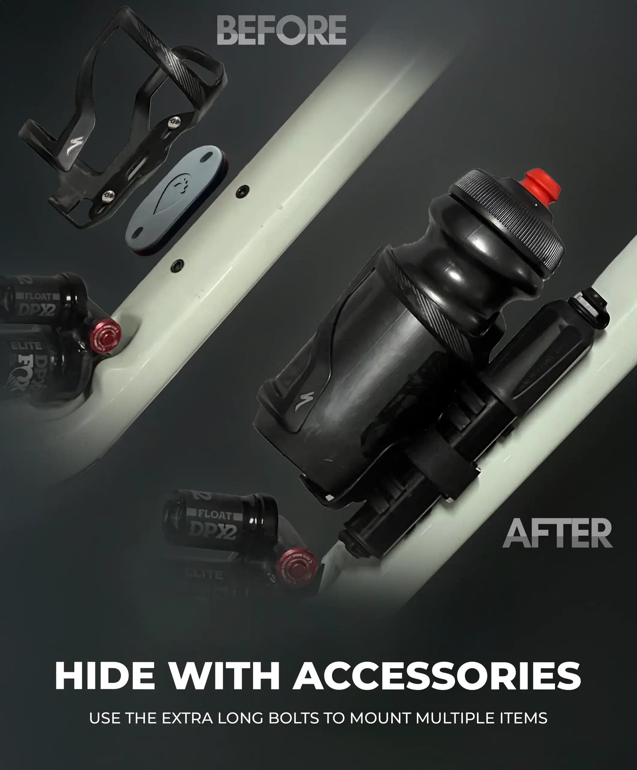 Before and after water bottle holder installation on adult tricycle frame.