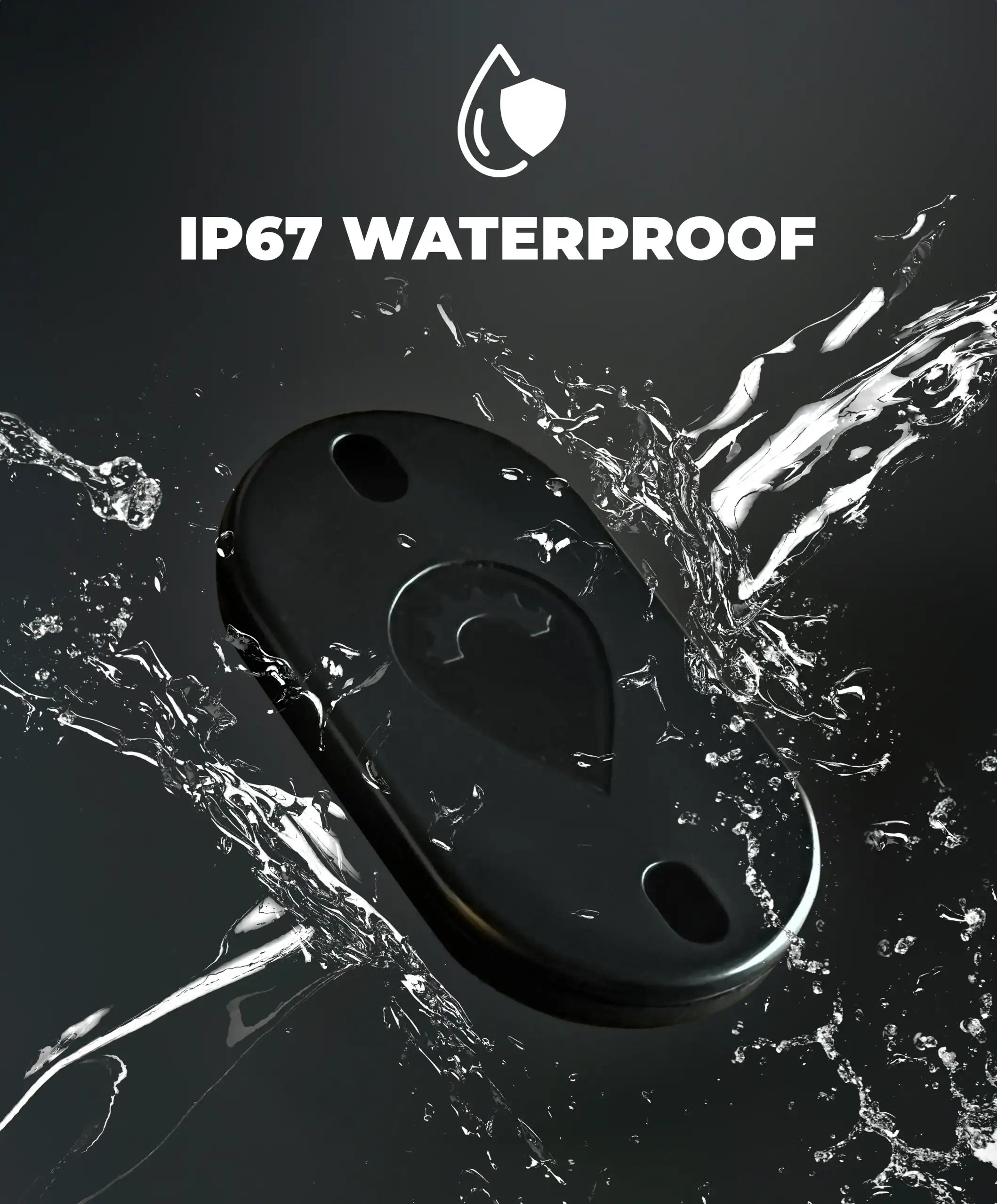 Waterproof IP67 Bluetooth speaker surrounded by splashing water, showcasing durability and water res.