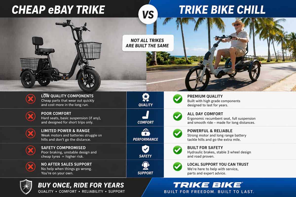 Comparison between a cheap eBay electric tricycle and the Trike Bike CHILL showing differences in quality, comfort, safety and long distance performance