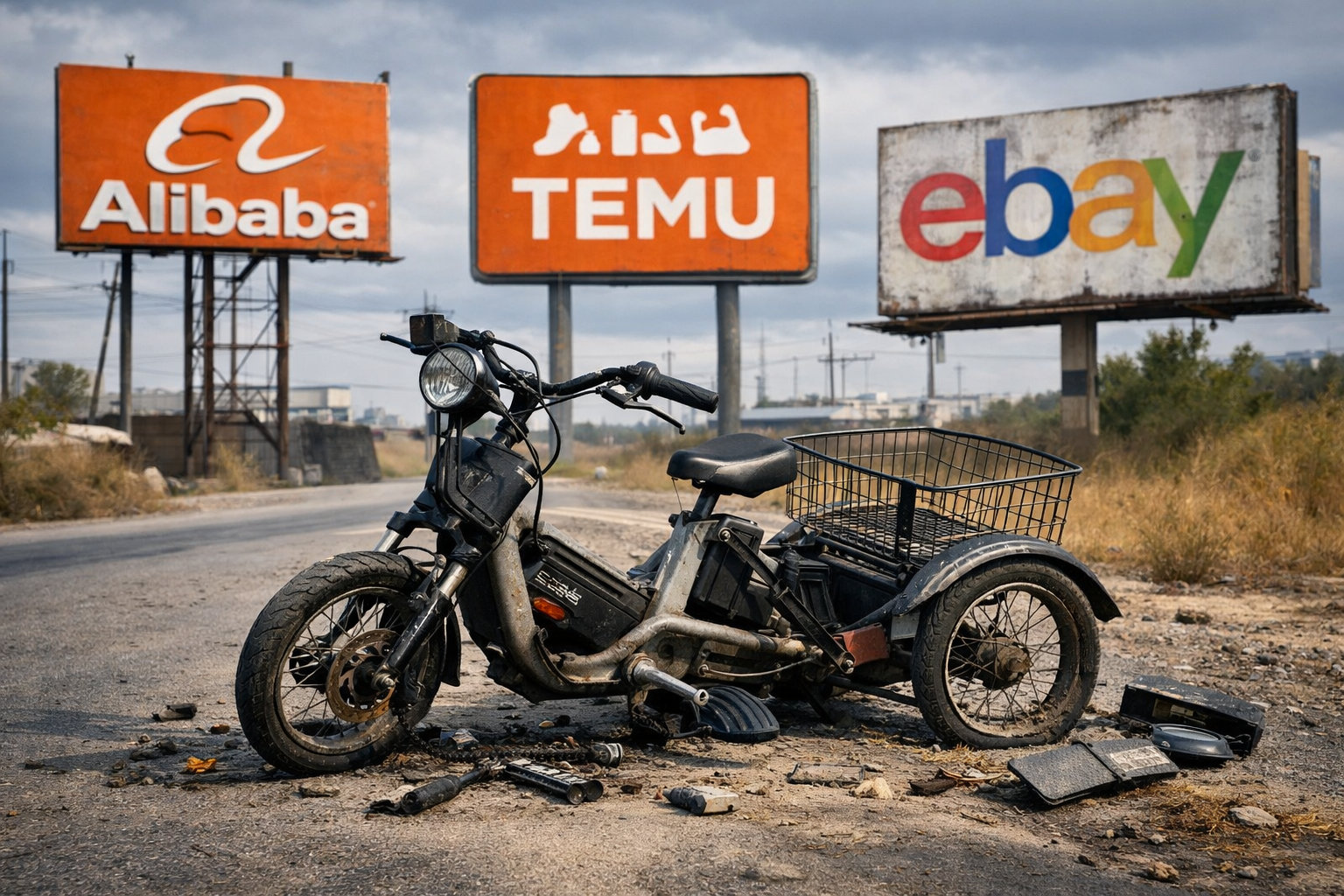 A broken tricycle on a rural Australian road. The tricycle appears to be damaged and abandoned.