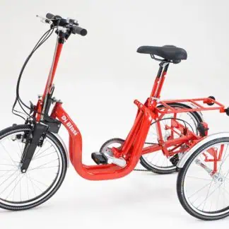 Red folding tricycle with 20 inch wheels for adult riders. Perfect for commuting or leisurely rides.