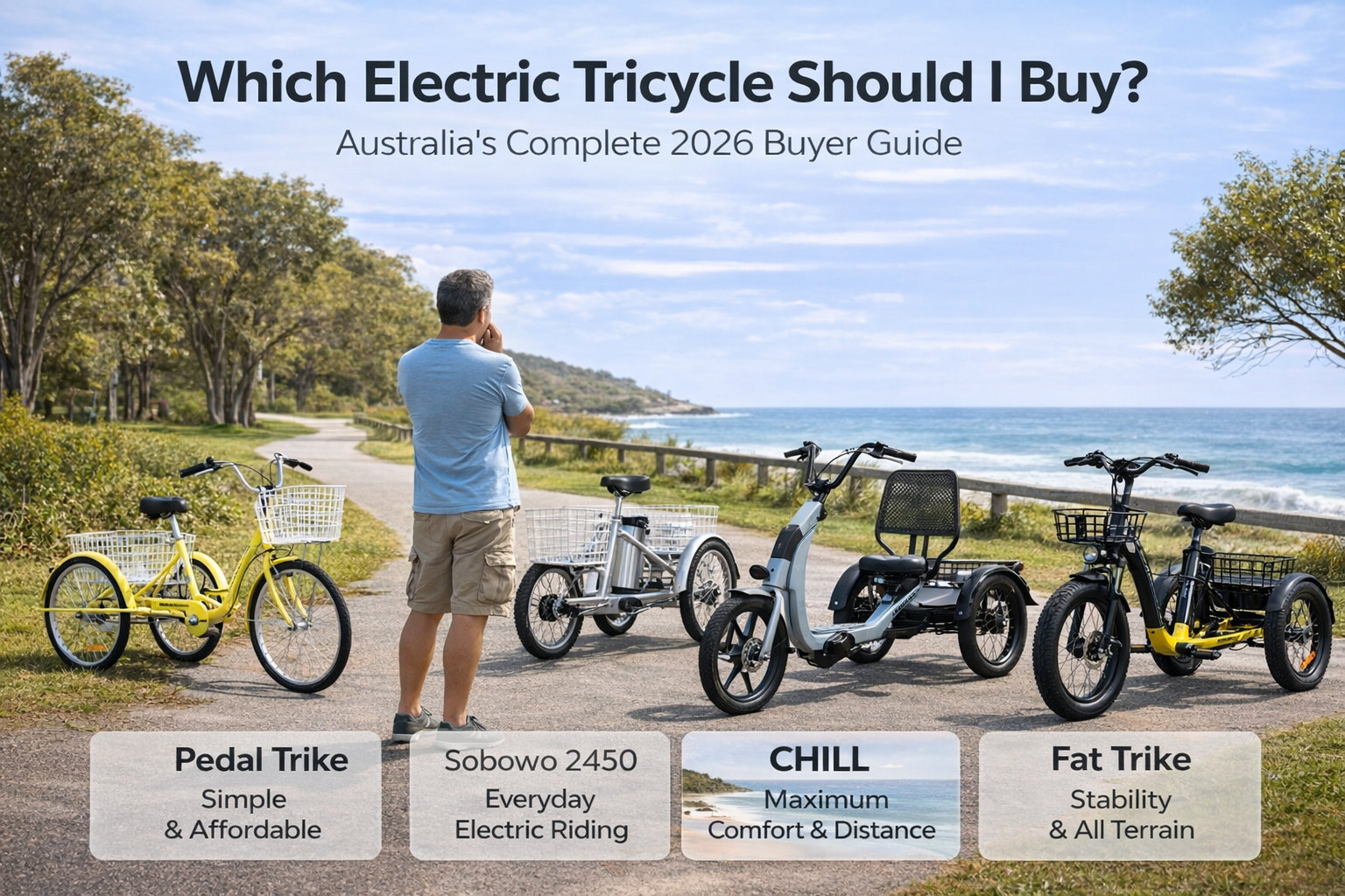 Man looking at four electric tricycles on a scenic Australian path. Electric trike options for seniors and mobility.