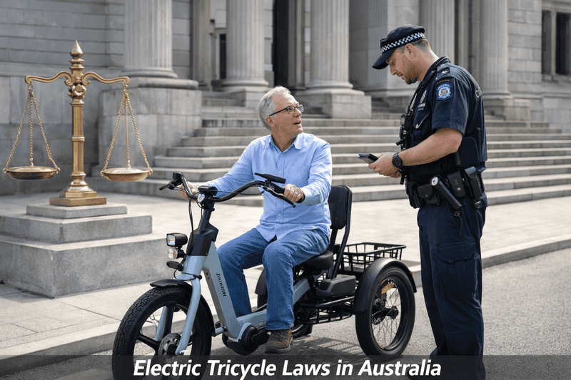 Senior riding electric tricycle stopped by police officer. Electric tricycles for seniors in Australia.