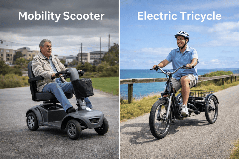 Senior riding mobility scooter and man riding electric tricycle