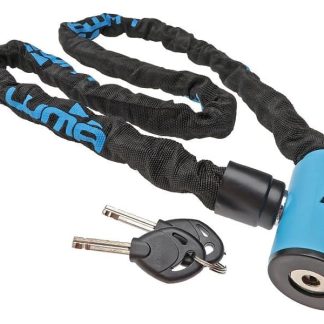 A blue and black Lumia U lock bike chain security lock with two keys.