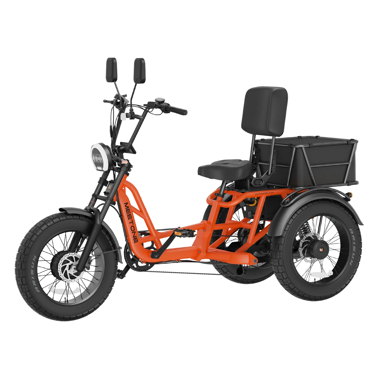 An orange electric adult tricycle with a large storage box and comfortable seating for seniors or mobility aid users.