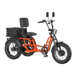 An orange electric tricycle with a large cargo box, ideal for seniors and disability mobility. Perfect for Australian riding environments.