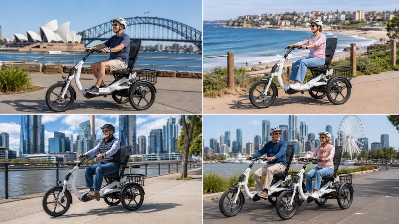 People riding adult tricycles in Sydney. Electric tricycles for seniors and mobility.
