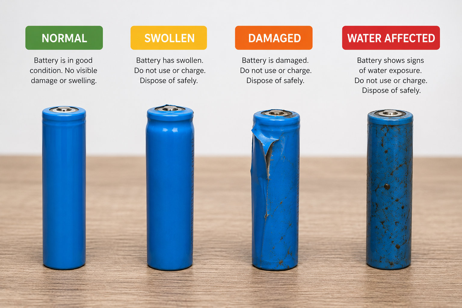 A guide showing normal, swollen, damaged, and water-affected blue e-bike batteries for safety inspection.