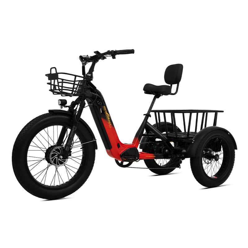 An electric adult tricycle in red with large rear basket for cargo. Ideal for seniors and disability mobility.