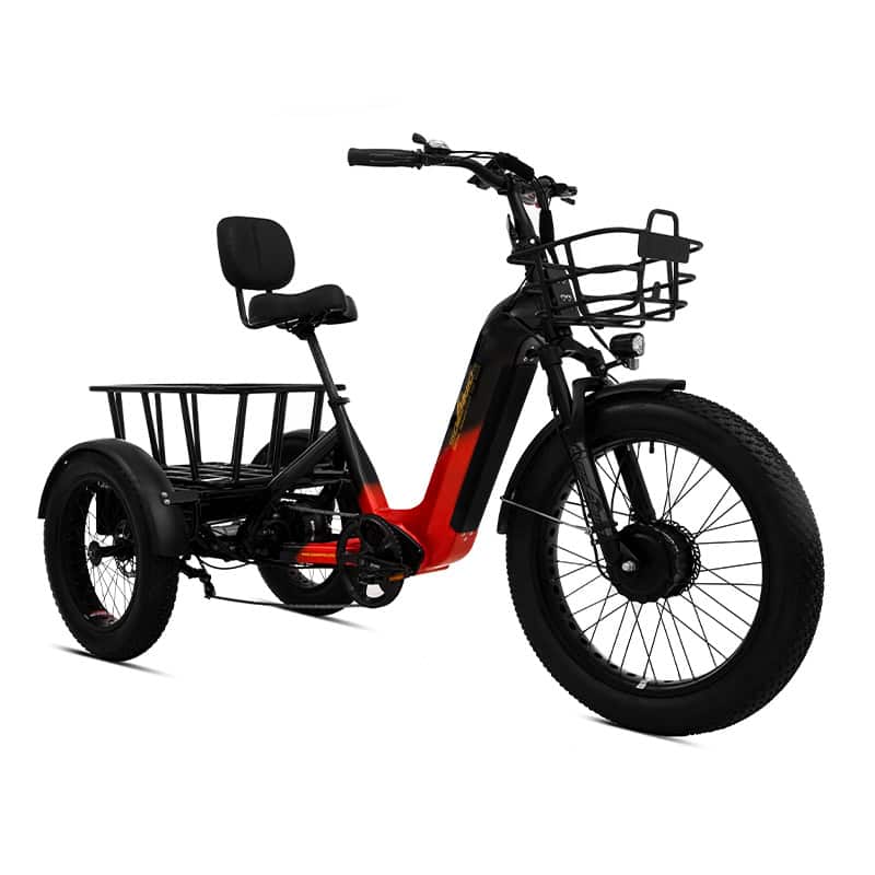 A red and black electric tricycle with a large rear basket and comfortable seat. Suitable for seniors and disability mobility.