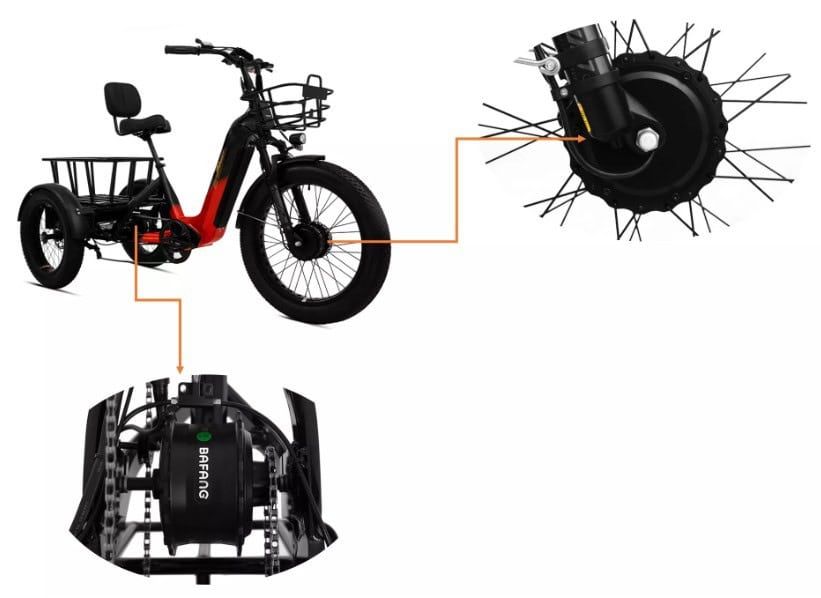 Adult electric tricycle with red accents, closeup on wheel and basket. Mobility solution for seniors and disability.