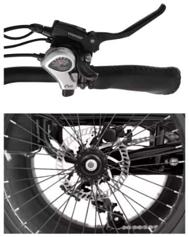 A close-up of a tricycle's gear shifter and brake lever, and a close-up of a tricycle's rear wheel and gears. The images showcase the tricycle's components.