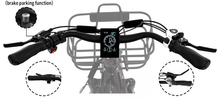 Close-up of electric tricycle handlebars with brake lever and parking function. The tricycle features a digital display screen.