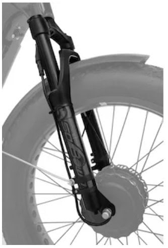 A close-up view of a tricycle's front wheel brake and suspension system. Suitable for adult tricycles and electric trikes.