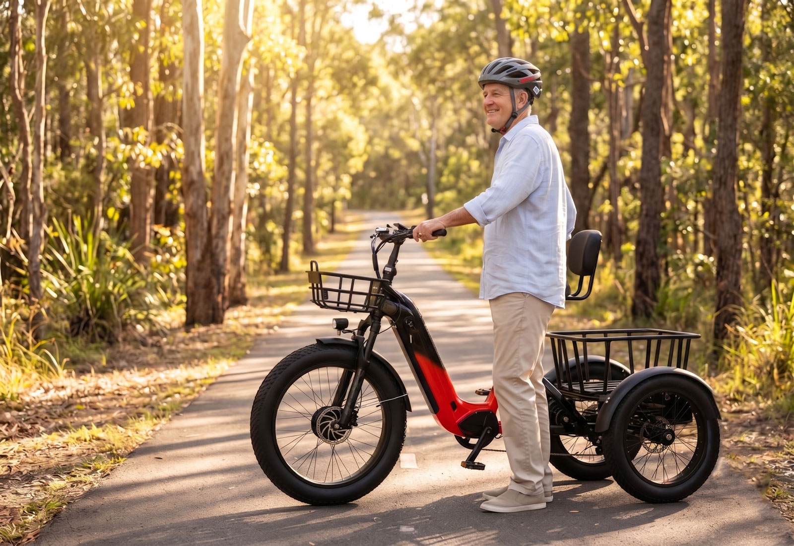 An adult tricycle with a red frame and black wheels on a forest trail. Perfect for seniors and disability mobility in Australia.