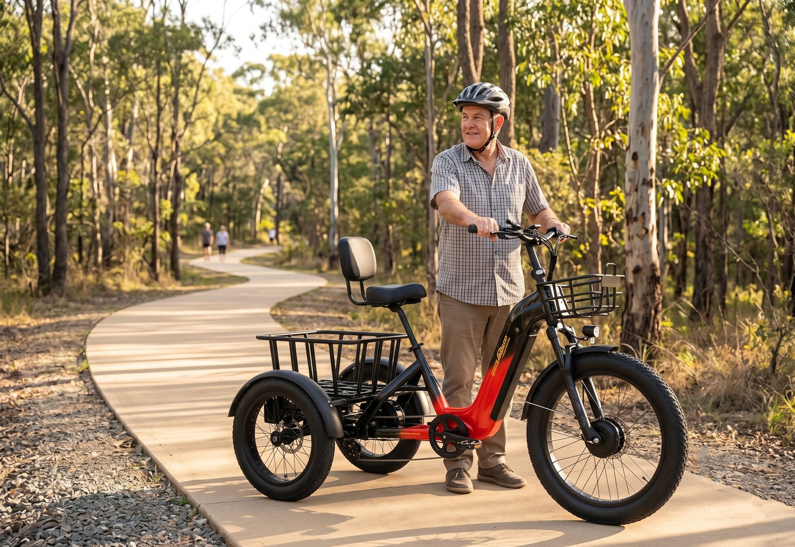 Man standing with red electric adult tricycle on path. Perfect for seniors and disability mobility