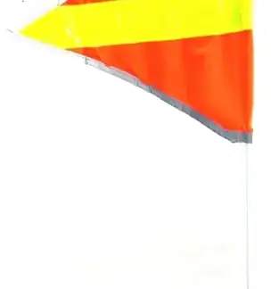 Triangular orange and yellow safety flag for adult tricycles, high visibility.