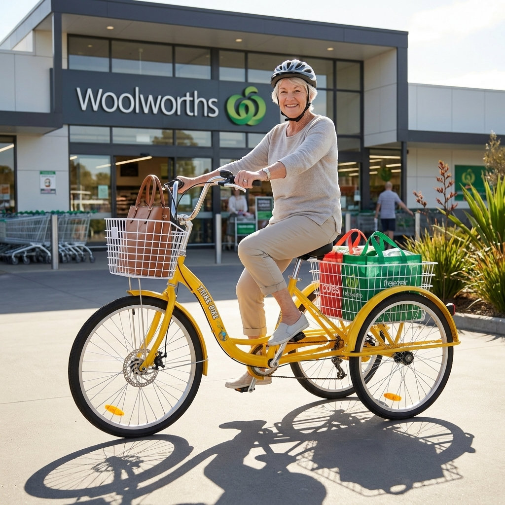 Senior riding a yellow adult tricycle with baskets. The tricycle is perfect for grocery shopping.