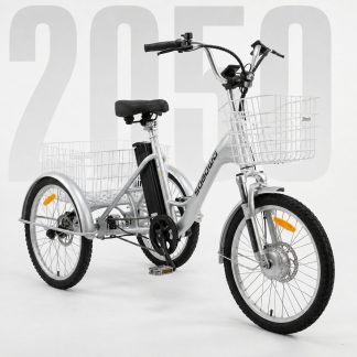 A silver electric tricycle with dual baskets and wide handlebars designed for seniors or riders needing stability. The bike features disc brakes, kickstand, and medium-sized wheels with thick tyres for smooth city riding.