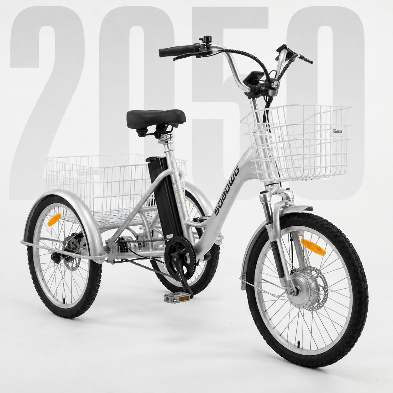 A silver electric tricycle with dual baskets and wide handlebars designed for seniors or riders needing stability. The bike features disc brakes, kickstand, and medium-sized wheels with thick tyres for smooth city riding.