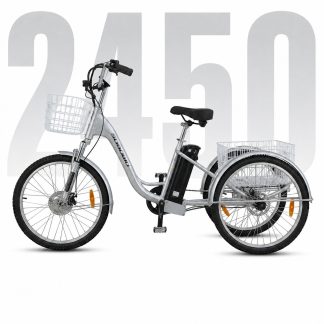This silver electric trike features dual baskets and 24-inch wheels, ideal for seniors and cargo transport. Its design ensures stability and ease of use in Australian city environments.