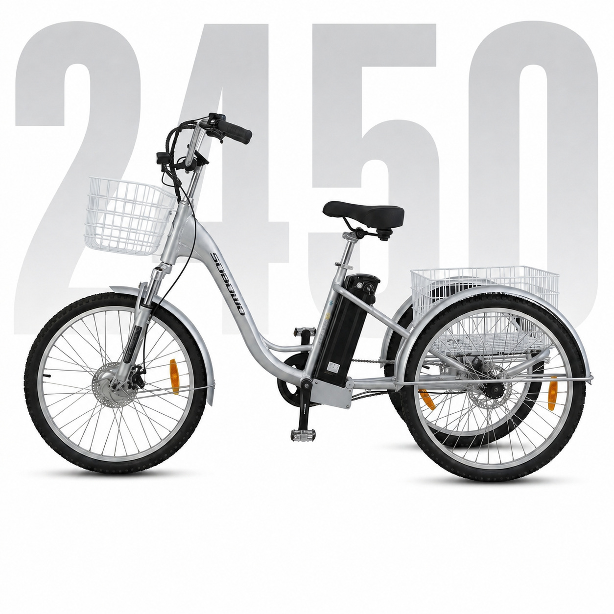 This silver electric trike features dual baskets and 24-inch wheels, ideal for seniors and cargo transport. Its design ensures stability and ease of use in Australian city environments.
