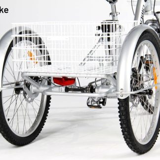 A silver adult tricycle with a white basket, ideal for seniors and disability mobility. Perfect for cargo and daily riding.