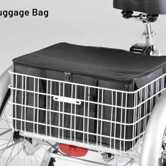 A silver adult tricycle with a black storage basket. Perfect for seniors and disability mobility.